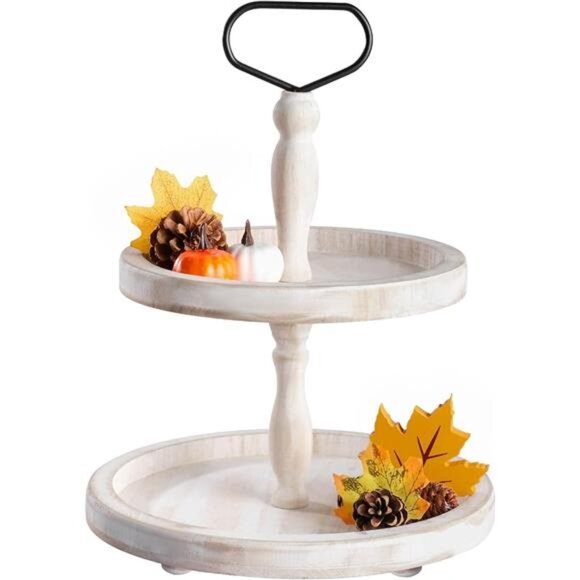 Rustic Wooden 2Tiered Tray,Round Farmhouse Kitchen Table Decor Serving Tier Tray - Picture 7 of 7